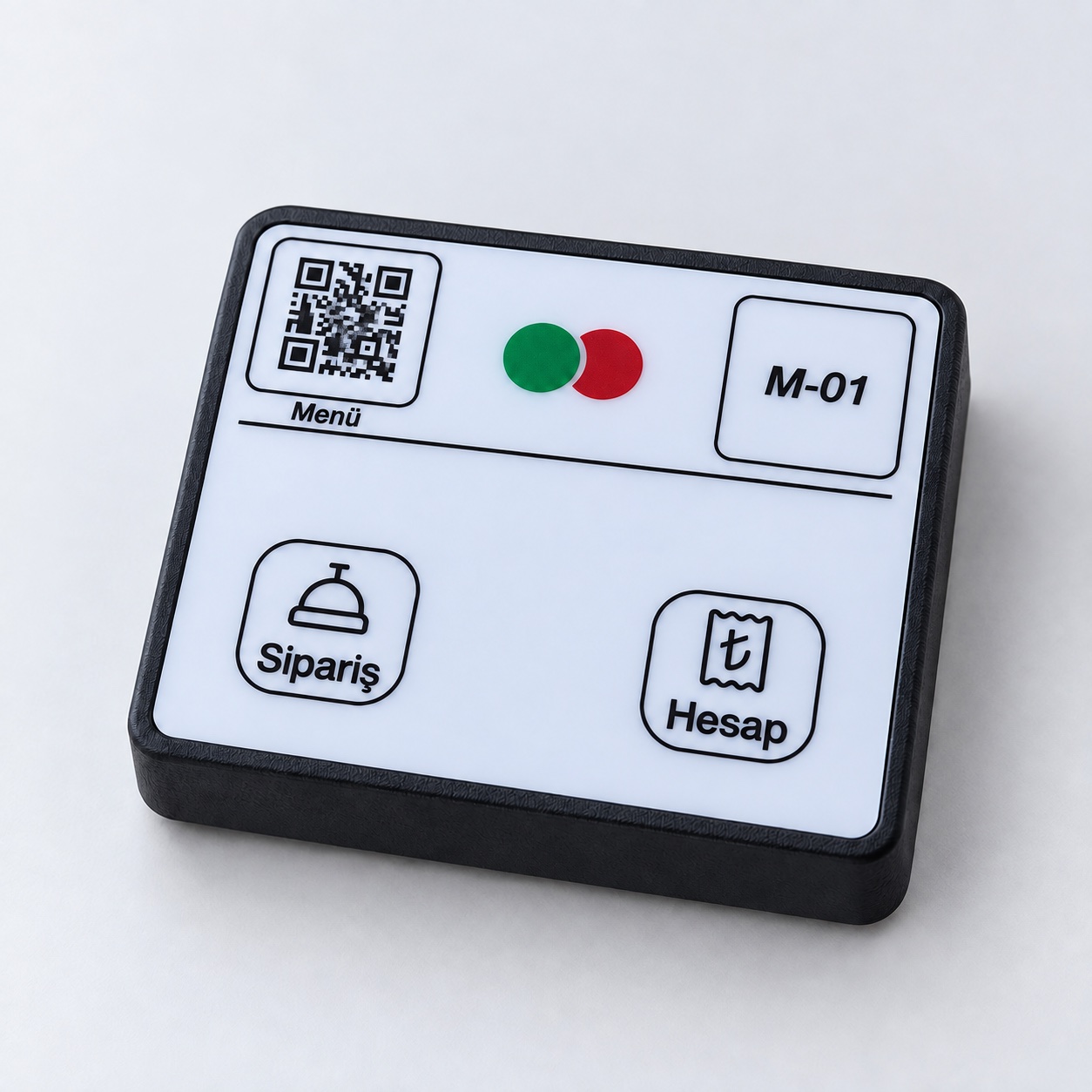 Buton Masa; sol üstte QR menü alanı, masa numarası ve renkli göstergeler
